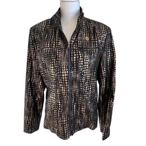 Erin London Jacket Womens Large Black Gold Animal Print Embossed Full Zip